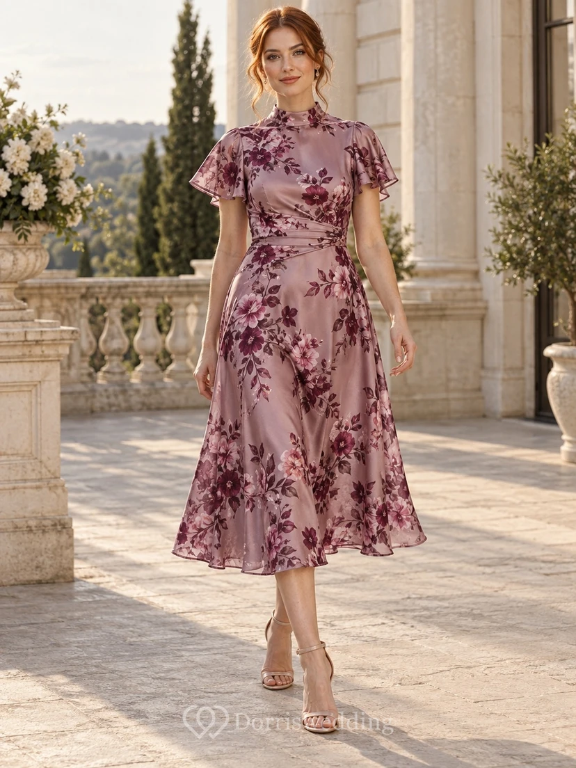 Vestido de invitada vintage color malva con estampado floral, corte en A, cuello joya, manga corta y largo midi.