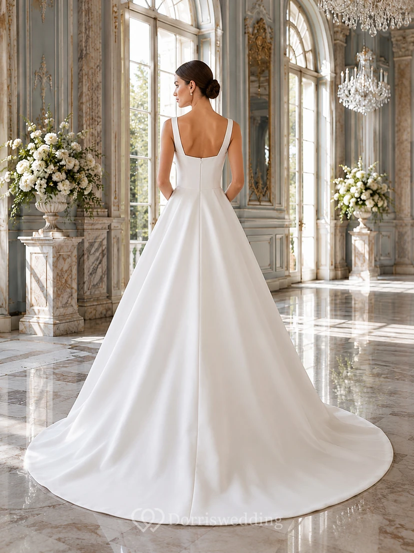 Clean Square Neck Satin Ball Gown Ballroom Bridal Dress view 2
