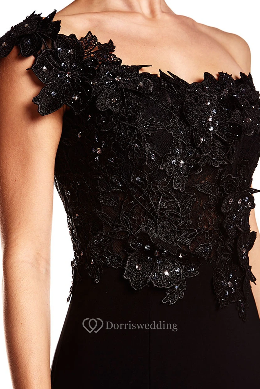 Sheath One-Shoulder Sleeveless Long Split-Front Jersey Prom Dress With Zipper Back And Appliques view 3