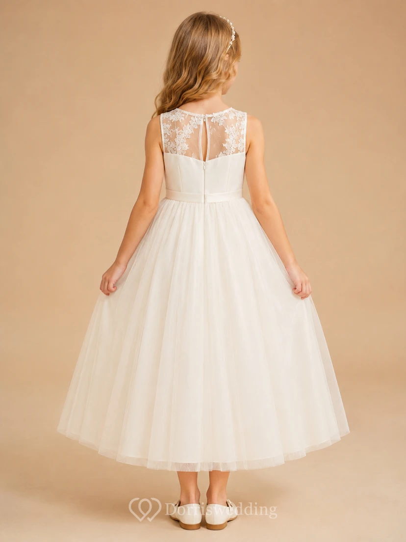 Illusion Lace Tulle A-Line Flower Girl Dress with Jewel Neck and Tea-Length Skirt view 2