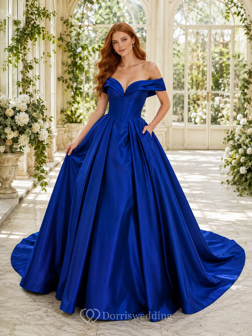 Robe de bal corsetée épaules dénudées en satin cobalt