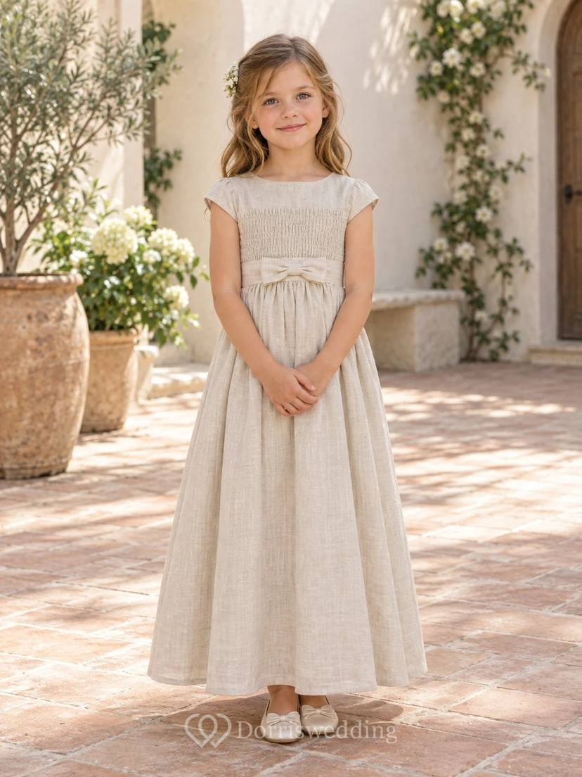 Simple Country Cream Bateau Cap Sleeve Smocked Bow Linen Flower Girl Dress
