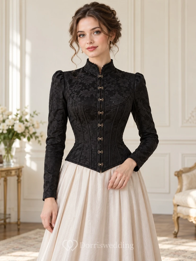 Corset victorien vintage noir modeste à col montant et manches longues, ajusté
