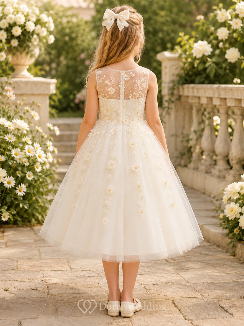 Adorable vestido de niña de flores con bordado de margaritas, corte en A, falda de tul, corpiño sin mangas y largo hasta la rodilla. view 2