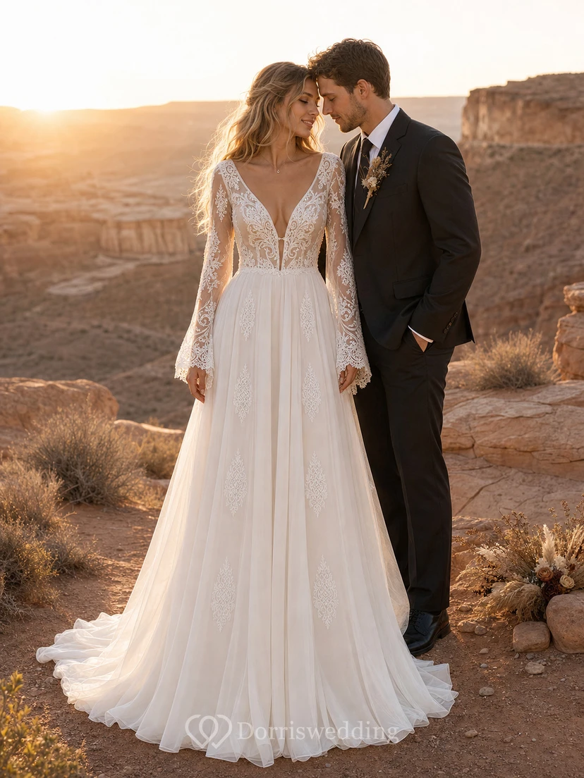 Bohemianisches A-Linien-Brautkleid aus Tüll, bodenlang, langärmelig, rückenfrei und gerafft view 3