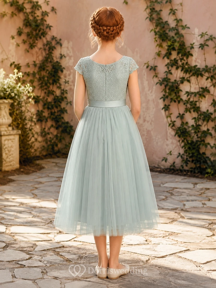 Celadonfarbenes Brautjungfernkleid für junge Damen, A-Linie, Teelänge, kurze Ärmel, Tüll, gestuft, bezaubernd, festlich view 2