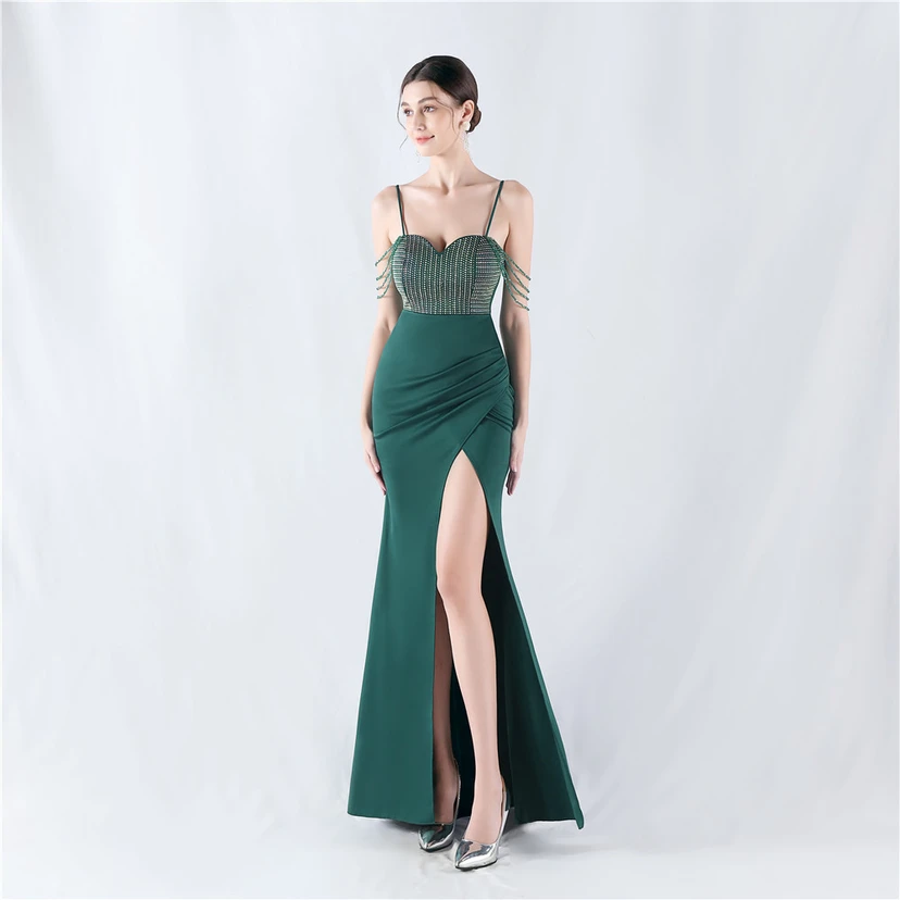 Hot Diamond Beaded High-Slit Satin Sexy Sling Evening Dress view 11