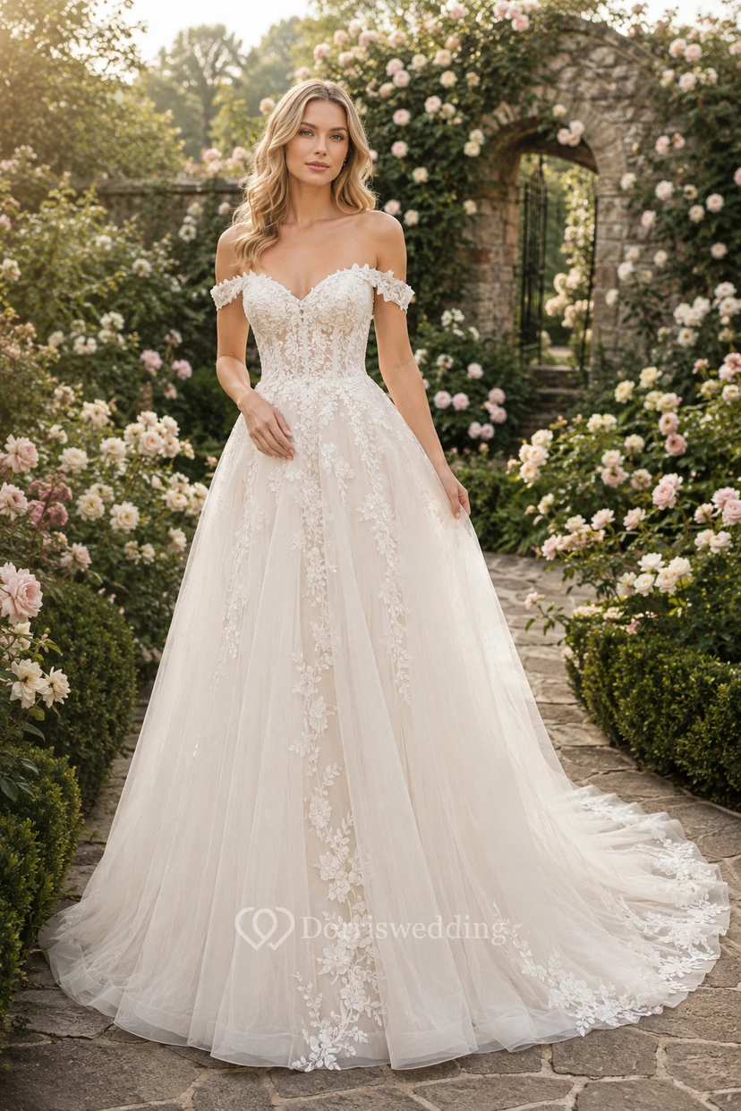 Off-the-Shoulder Lace Ball Gown Wedding Dress