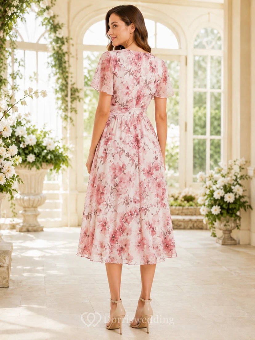 Vestido de jardín de corte A, largo hasta la rodilla, color rosa con estampado floral y mangas cortas. view 2