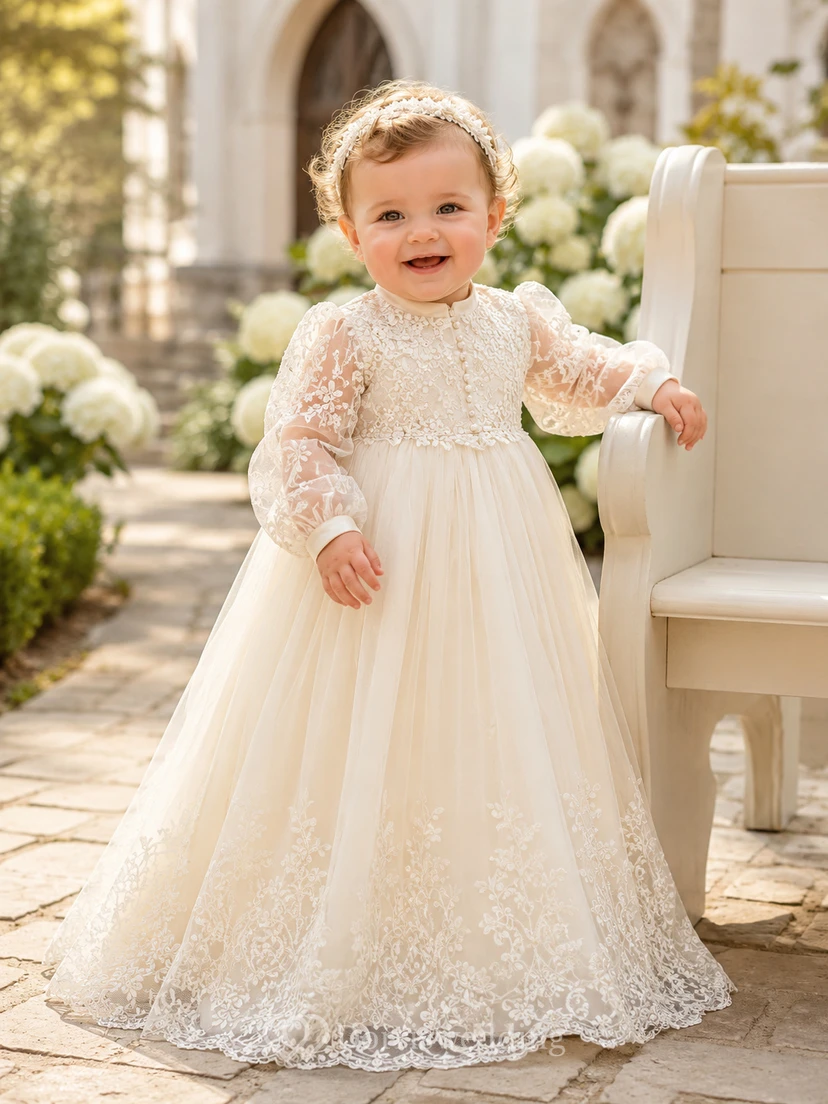 Bishop Sleeve Christening Gown A-Line Lace Tulle Jewel Neck Romantic Hem