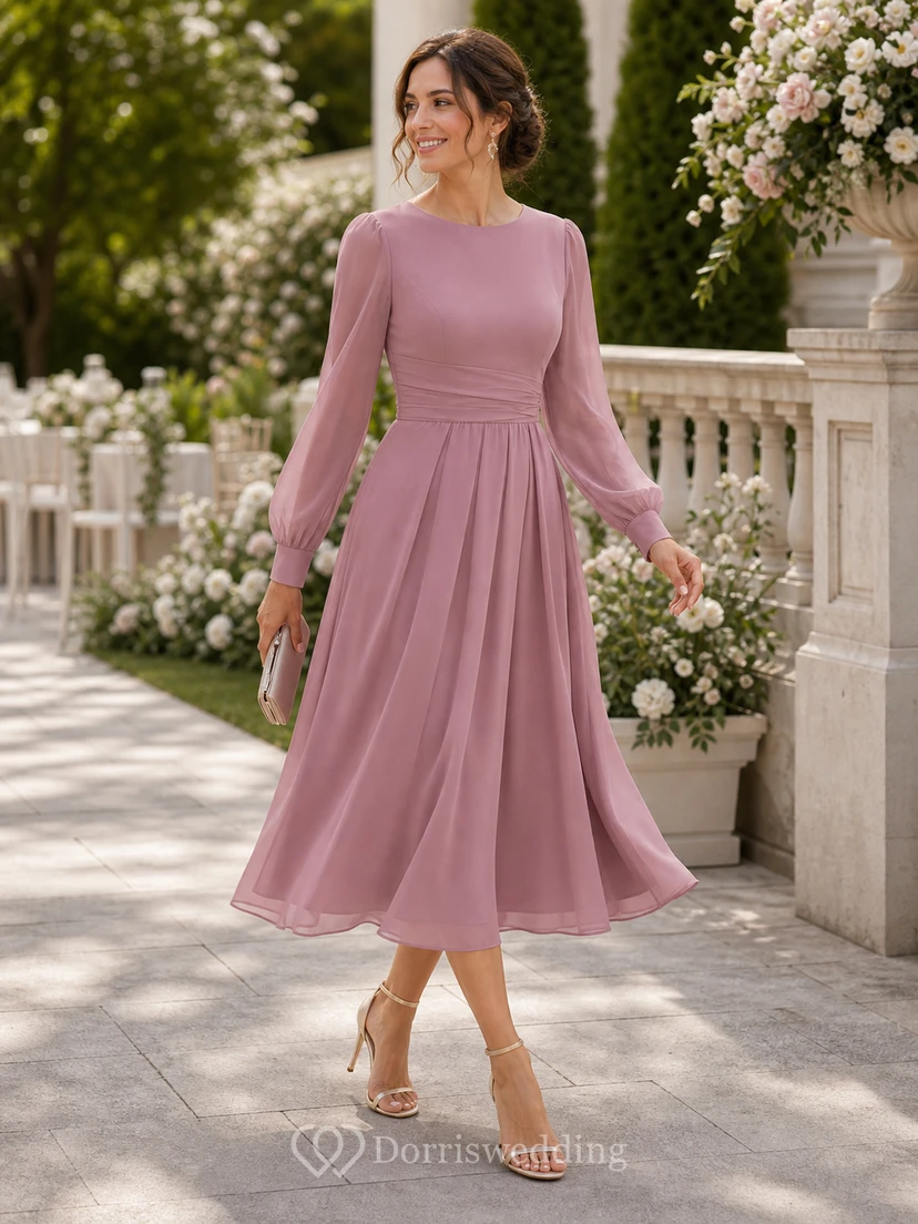 Bateau Long Sleeve Chiffon Midi Dress view 5