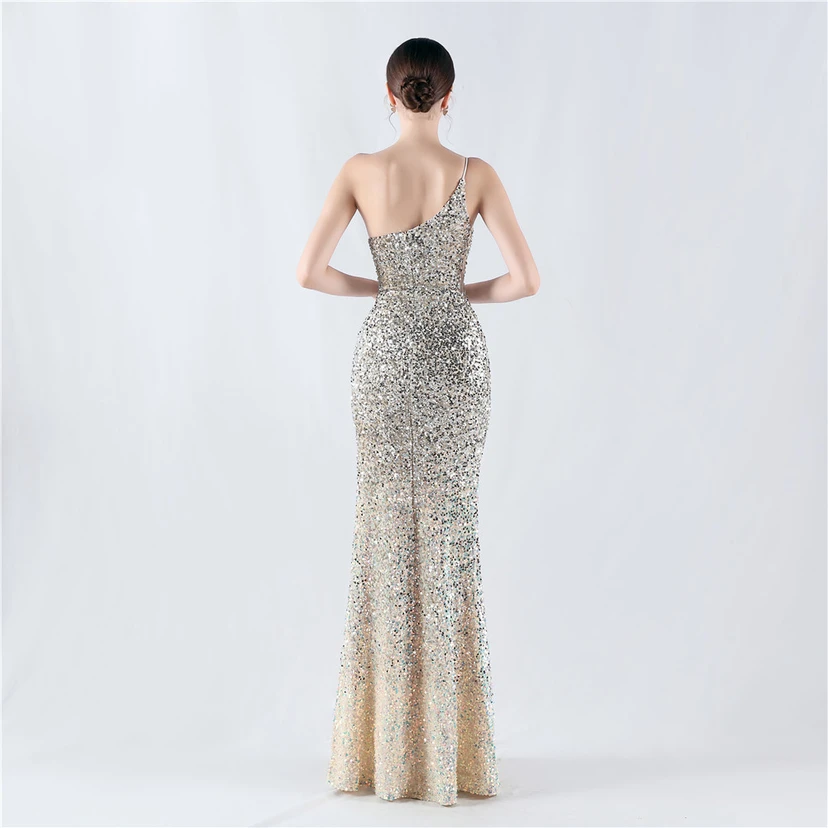 Sexy Abendkleid mit Samtsaum, Farbverlauf, Pailletten, hohem Schlitz und schräger Schulterpartie view 36