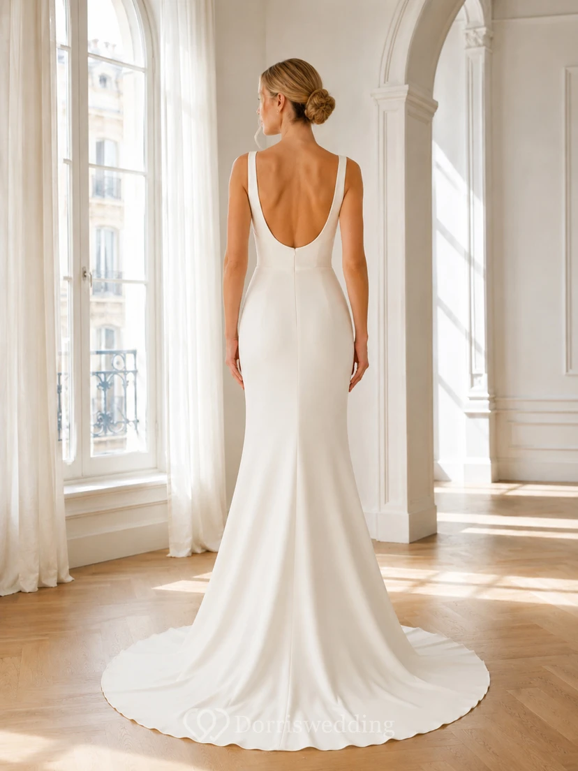 Vestido de novia clásico de satén con escote cuadrado, sin mangas, corte recto y cola corta, ideal para ceremonias minimalistas. view 2