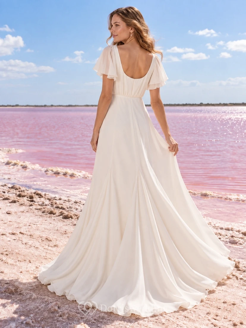 Vestido de novia sencillo de corte A con escote redondo, mangas cortas con volantes y cintura fruncida, de gasa. view 2