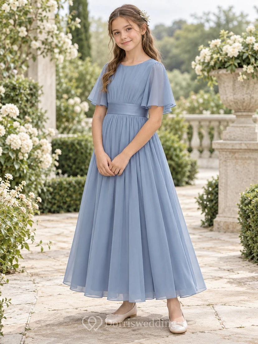Simple Modest Ankle-length Steel Blue Jewel Neck Bell Sleeve Ruched Chiffon Sashed Flowergirl Dress