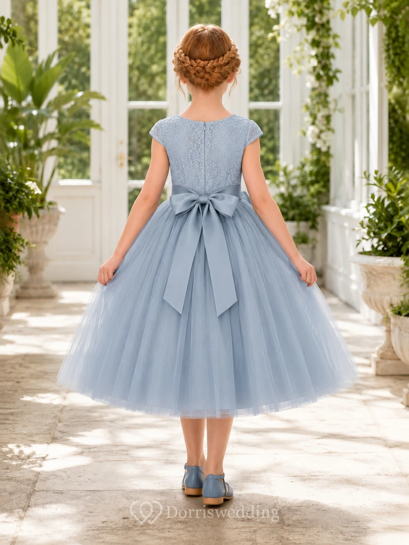 Flower Girl Dress Steel Blue Tulle A-Line Jewel Neck Tea Length Bow Back view 2