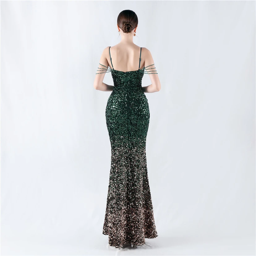 Velvet-Bottom Gradient Sequined Sexy Beaded Suspender Evening Dress view 15