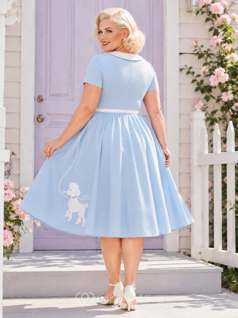 Sky Blue Plus-Size Jewel Short-Sleeve Poodle Applique Vintage Tea Dress view 2