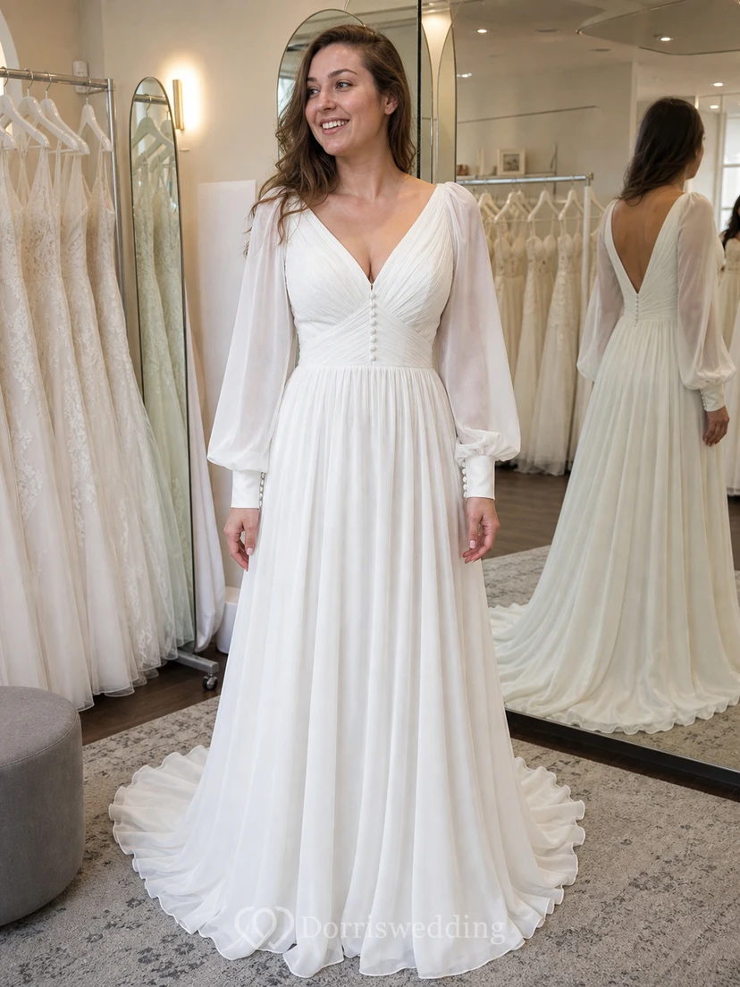 Chiffon-Hochzeitskleid mit langen Ärmeln und Puffärmeln in Übergröße im Empire-Stil view 7