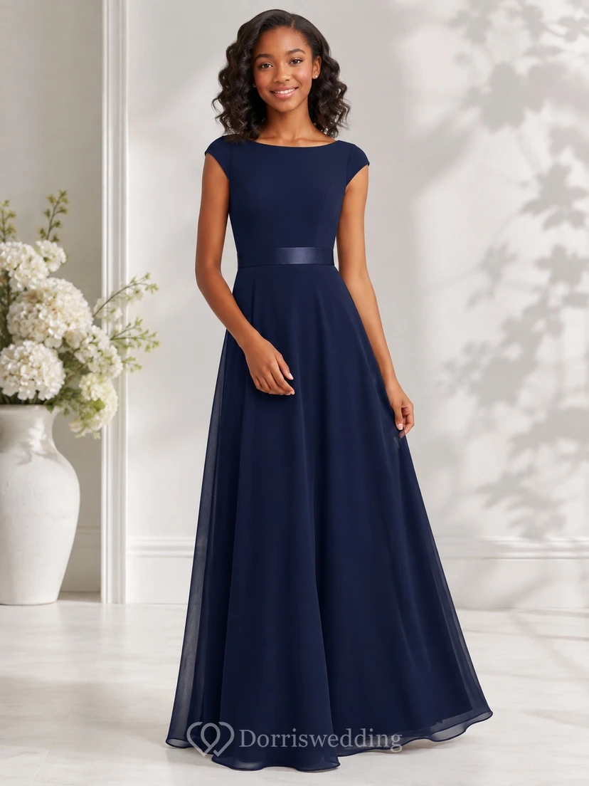 Dark Navy Junior Bridesmaid Dress A-Line Bateau Short Sleeve Cap Chiffon Elegant