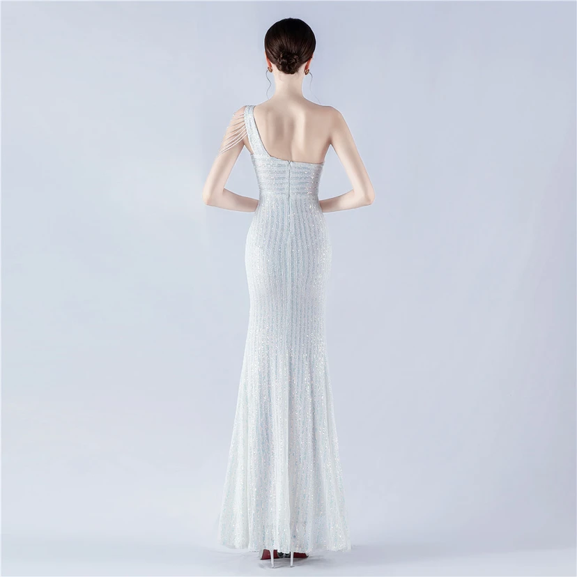 Heavy Beaded One-Shoulder Oblique Collar High Fork Sequin Dinner Dress view 29