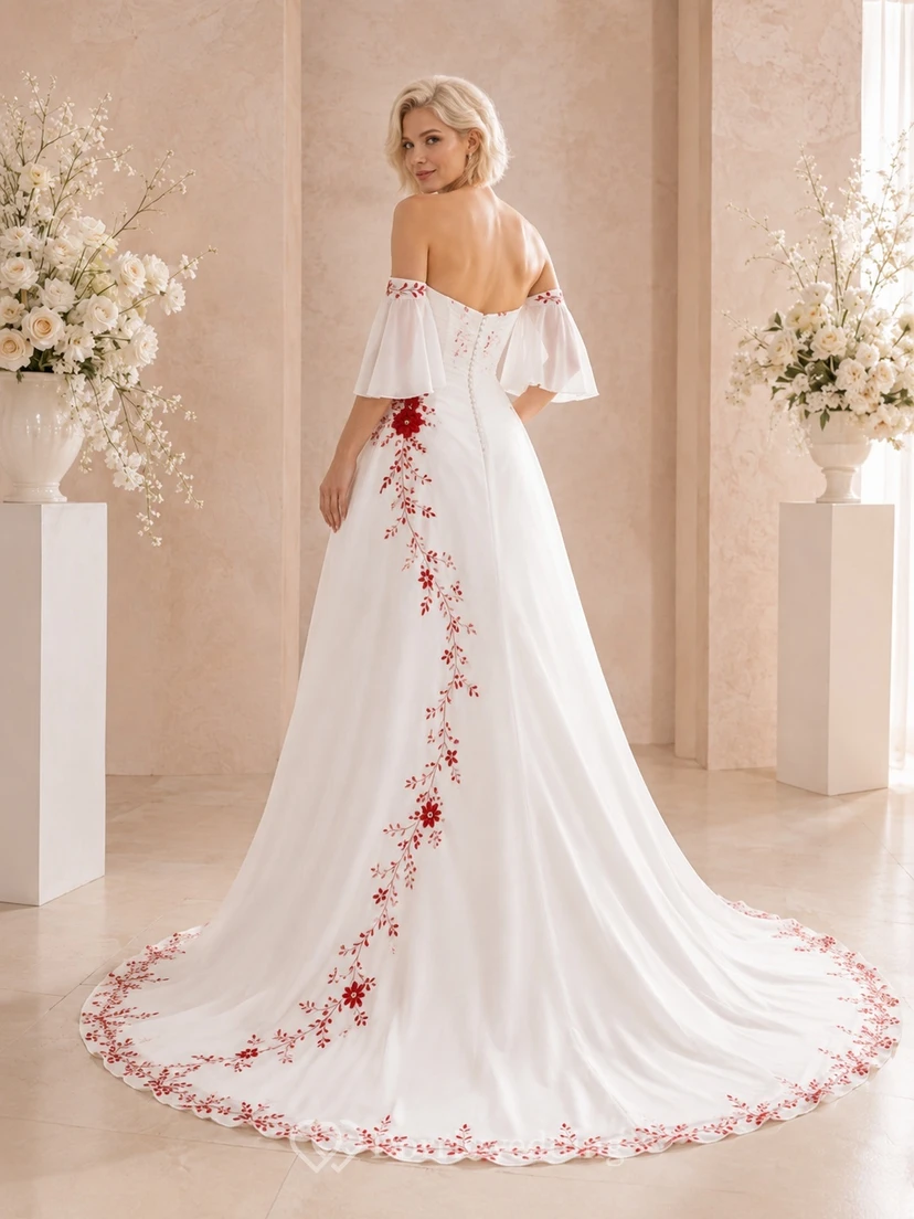 Romantisches Brautkleid in A-Linie aus rotem Chiffon mit Blumenmuster, schulterfreiem Schnitt, flatternden Ärmeln und Blumenmuster view 2