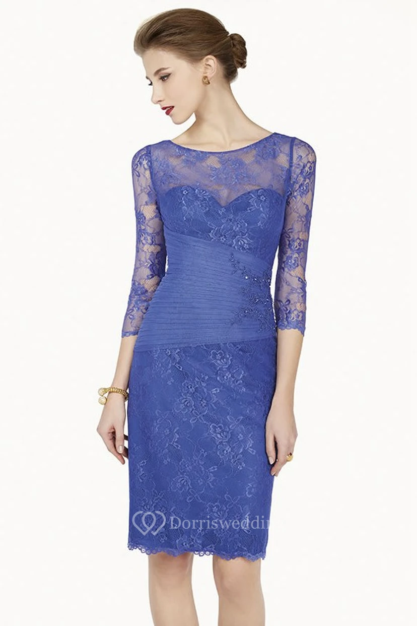 Pencil Appliqued Scoop-Neck 3-4-Sleeve Midi Lace Prom Dress