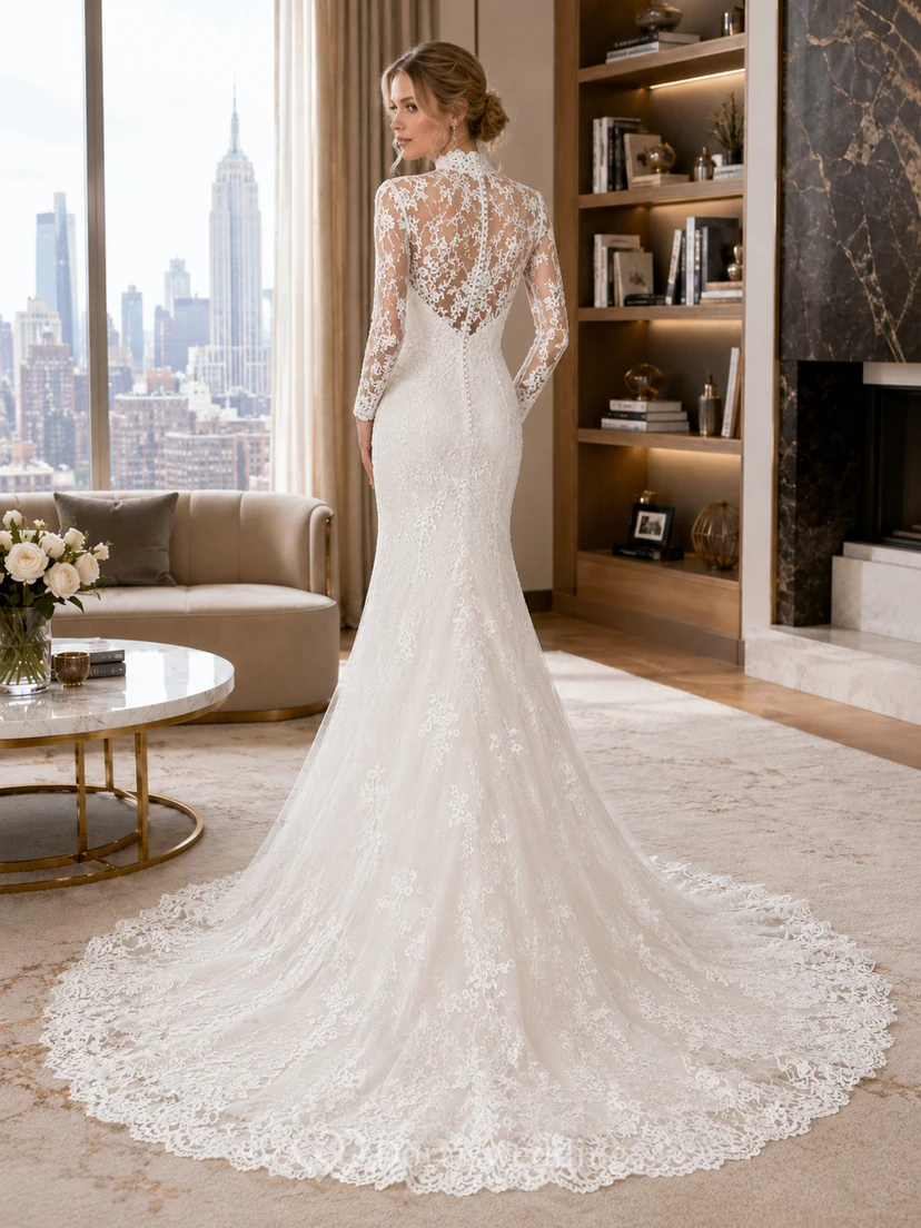 Modest Lace Tulle Wedding Dress Mermaid Jewel Neck Long Sleeve Chapel Train Bridal Gown view 2
