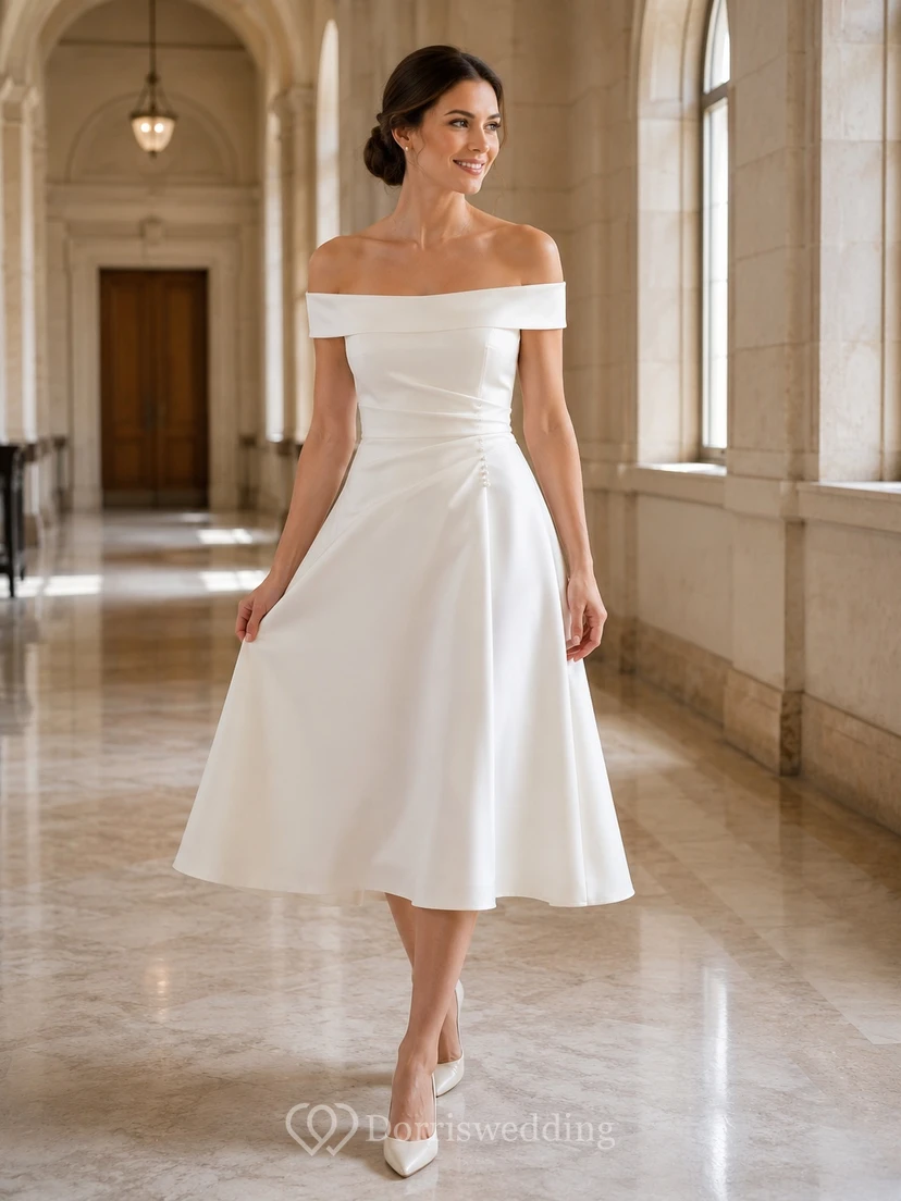 Standesamtliches schulterfreies A-Linien-Kleid in Teelänge – schlicht, dezent, modern – für eine standesamtliche Hochzeit