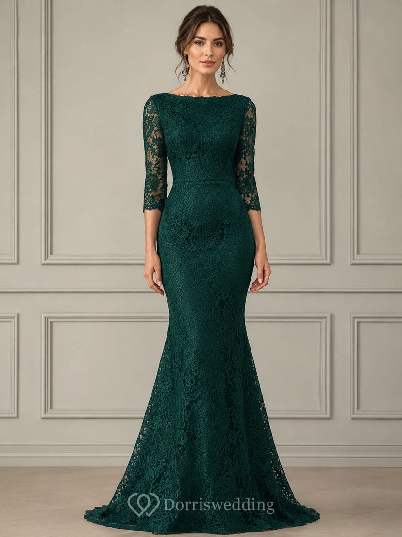 Robe de soirée sirène en dentelle vert foncé, style bateau, modeste