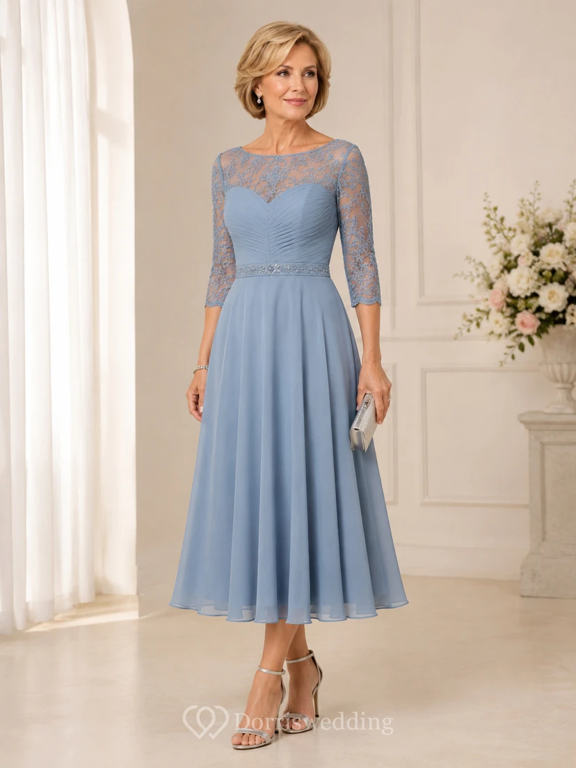 Steel Blue Jeweled Waist Tea Length Mother Dress Steel Blue Bateau Jewel A-Line Tea-length