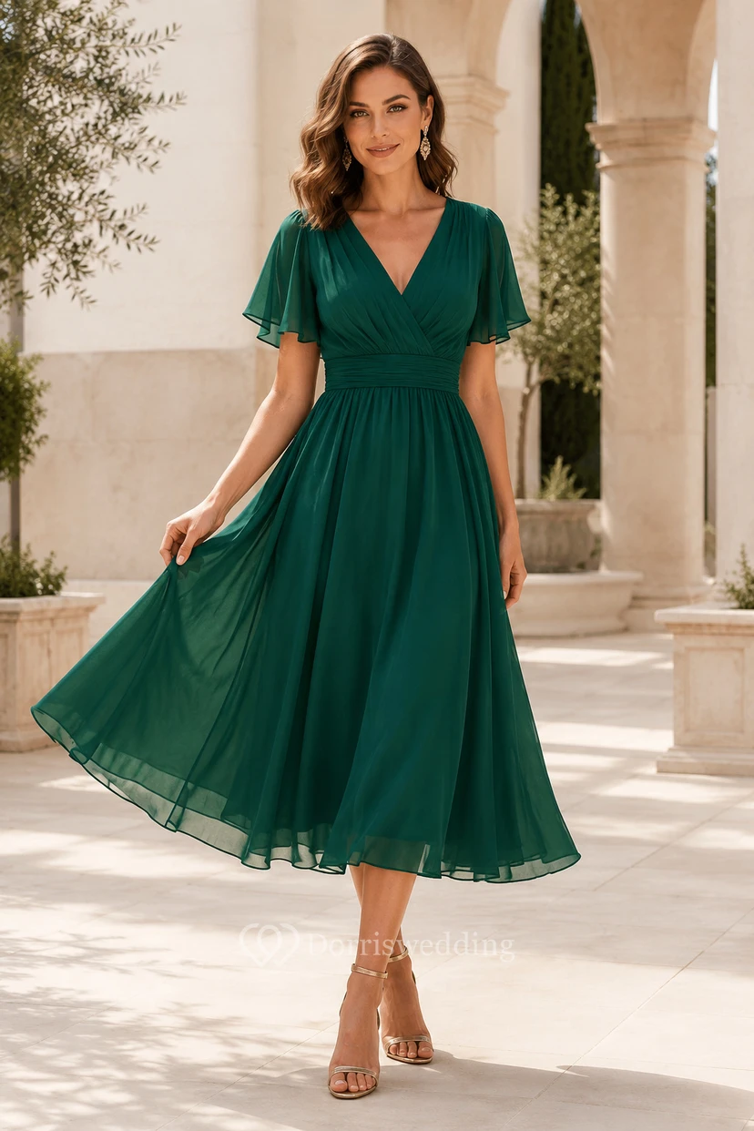 Dunkelgrünes Chiffon-Gästekleid in Teelänge mit A-Linien-Schnitt, V-Ausschnitt und Volantärmeln