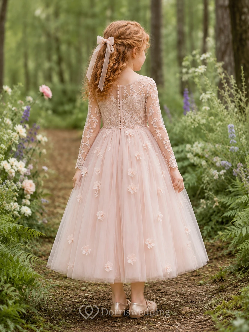 A-Line Flowergirl Pink Lace Tulle Floor-Length Long Sleeve Floral Woodland Wedding Dress view 2