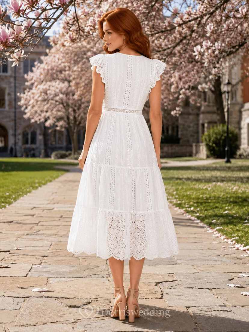 White Eyelet V Neck Flutter Sleeve Tiered Midi Dress view 2