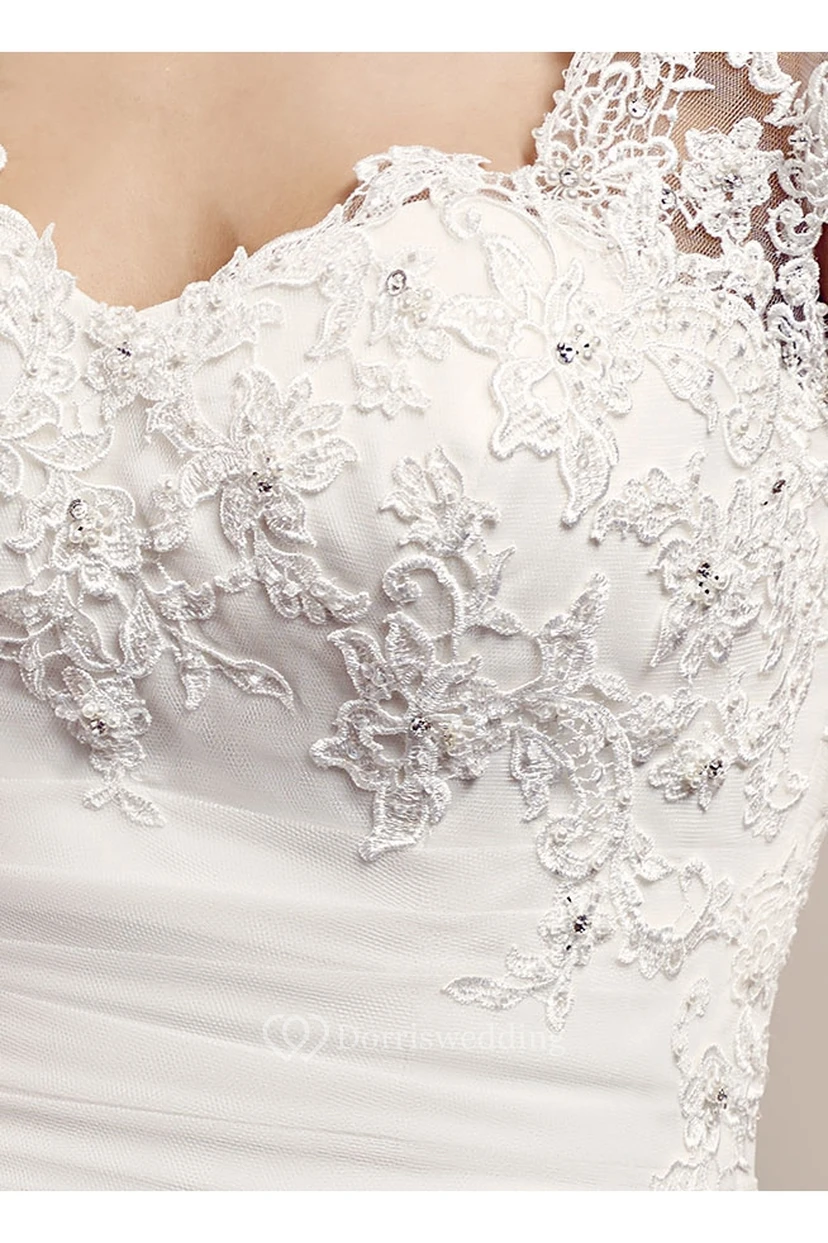 A-Line Side-Draped Long Cap-Sleeve Lace Wedding Dress With Keyhole Back And Appliques view 3