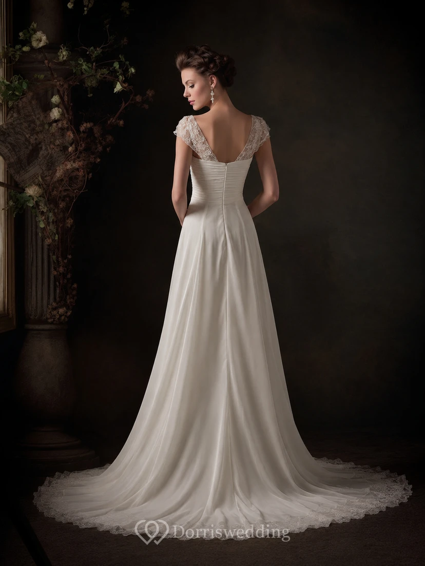 V-neck Cap Empire Chiffon Ruched Draped Wedding Dress with Tiers view 3