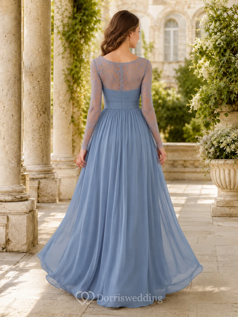 Robe de soirée vintage bleu acier en mousseline de soie, coupe bateau, style trapèze view 2