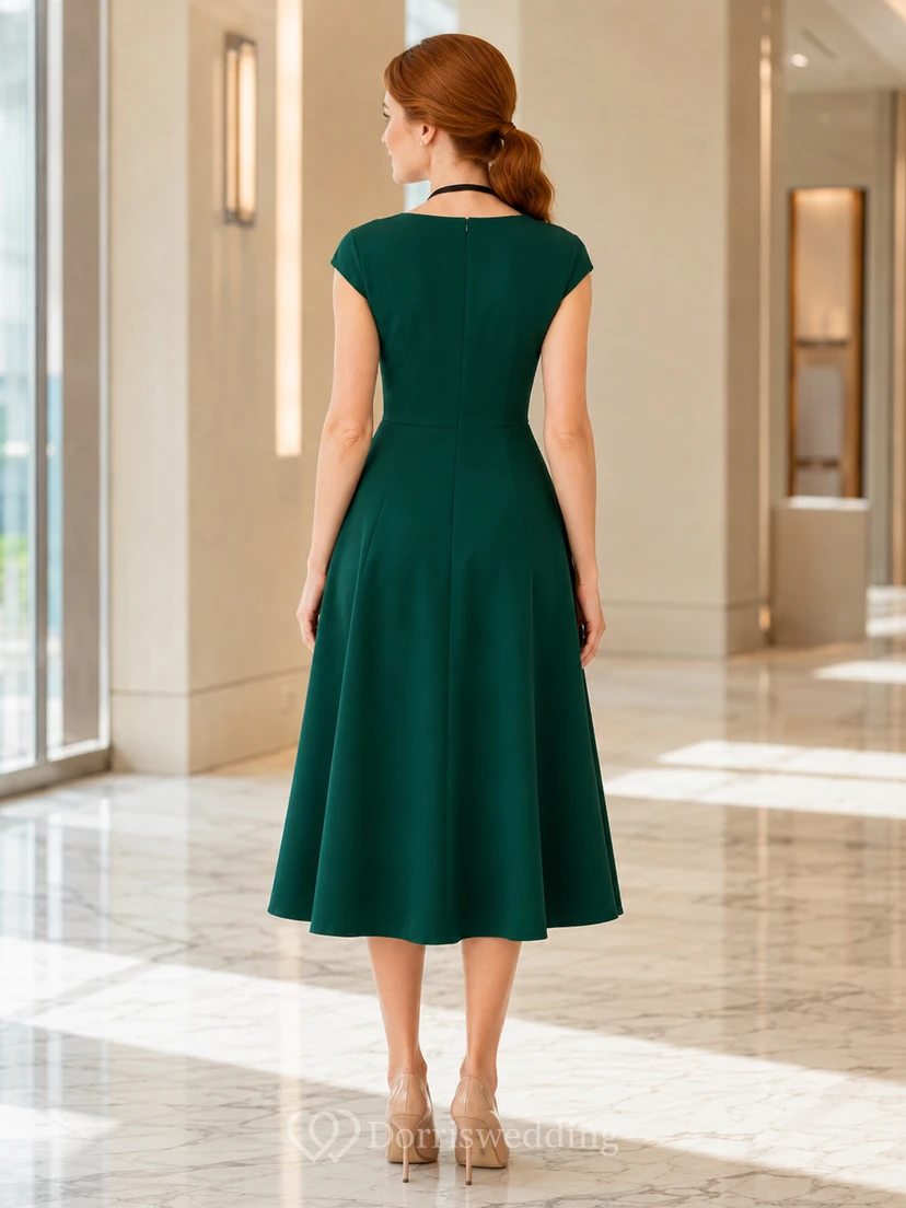 Smaragdgrünes, hochgeschlossenes A-Linien-Businesskleid mit kurzen Ärmeln, elegantem Midi-Länge view 2