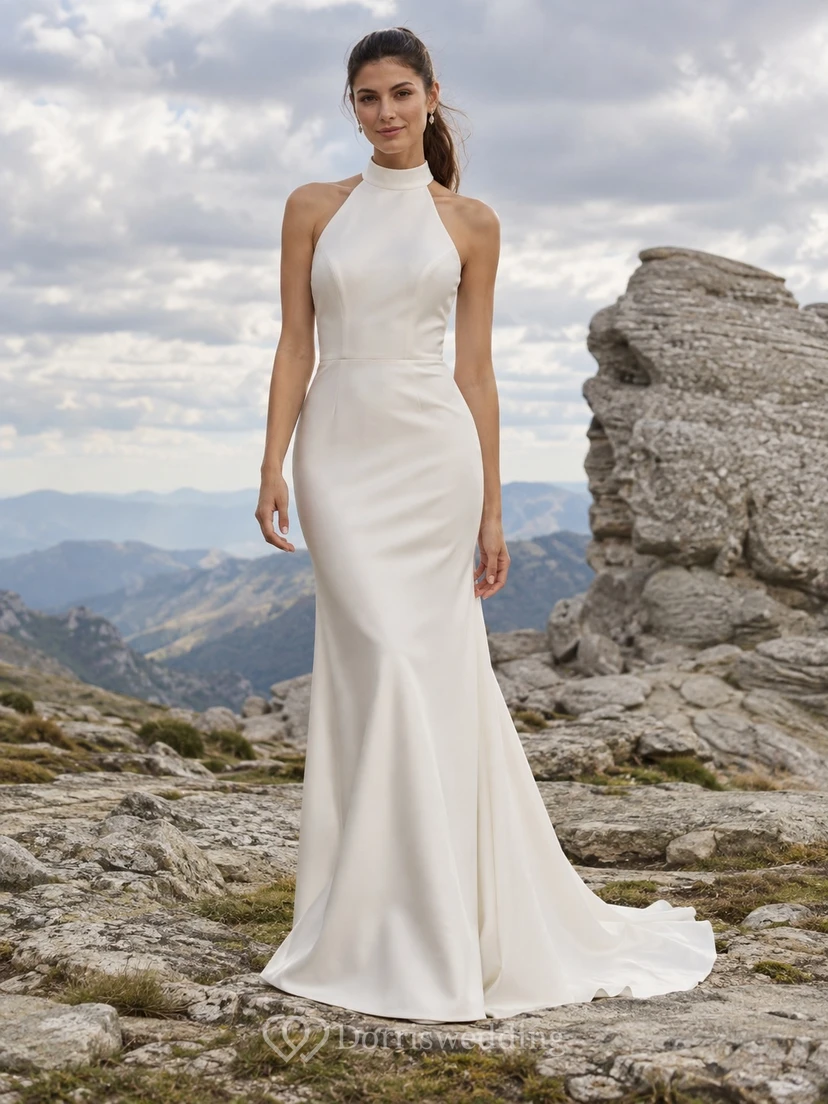 Vestido de novia sencillo de cuello alto, escote halter, sin mangas, de satén, con corpiño liso y cola.