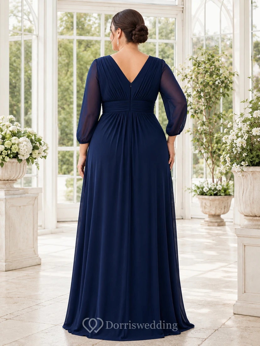 Plus Size Navy V Neck Illusion Sleeve Floor Length A Line Gown view 2