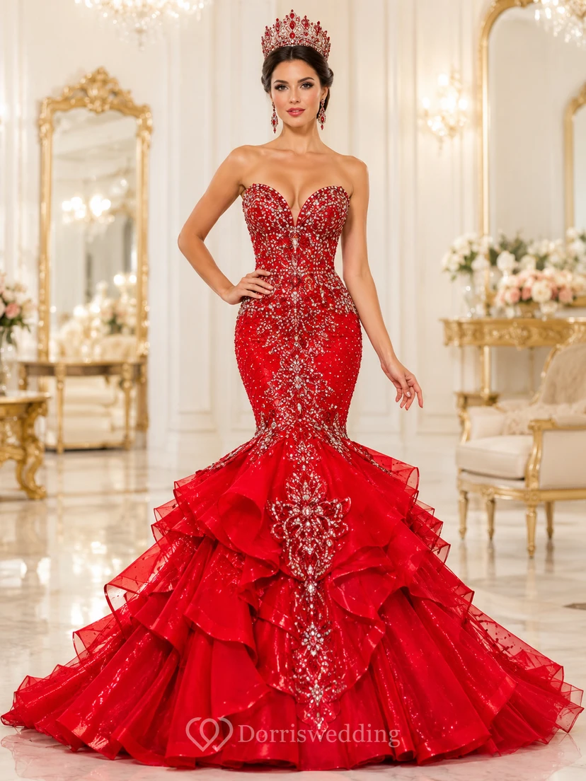 Luxuriöses rotes Karnevalsköniginnen-Meerjungfrauenkleid, bodenlang, trägerlos, perlenbesetzt