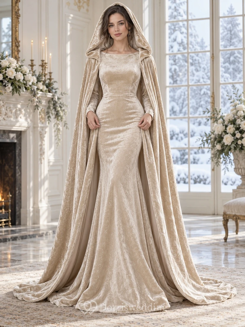 Vestido largo de terciopelo color champán con capucha y capa, ideal para bodas de invierno.