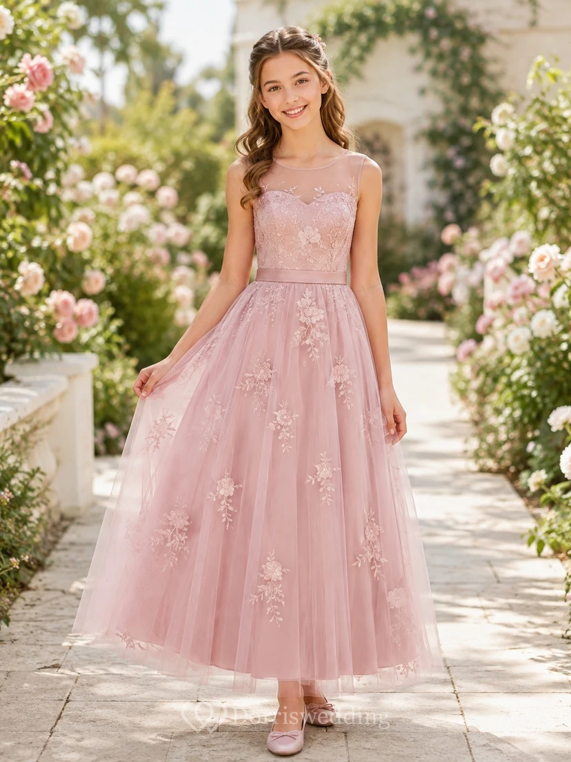Vestido de dama de honor juvenil rosa rubor, corte en A, hombros descubiertos, mangas cortas, bordado