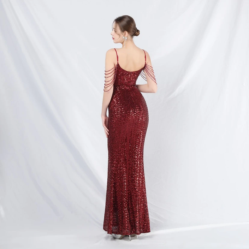 Craft Beaded Ostrich Feather Fantasy Sequined Long Evening Dress view 15