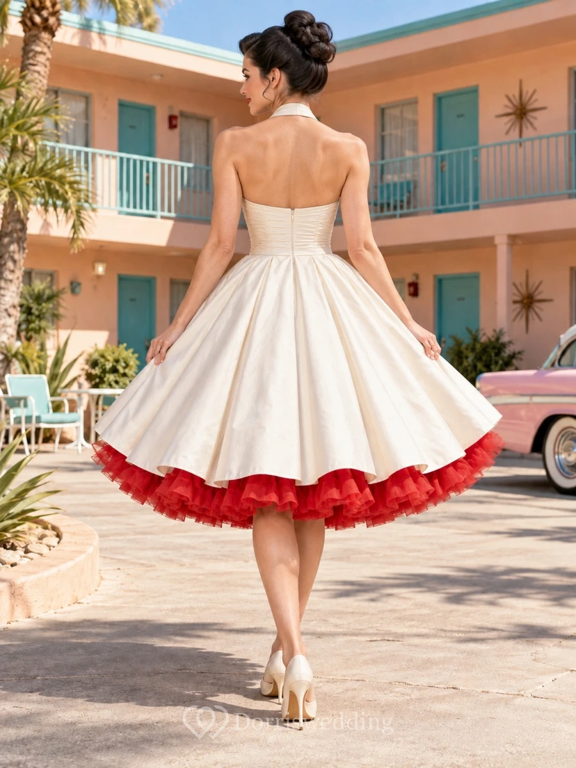 Robe de mariée rockabilly dos nu à jupon rouge à fleurs, style années 1950 view 2
