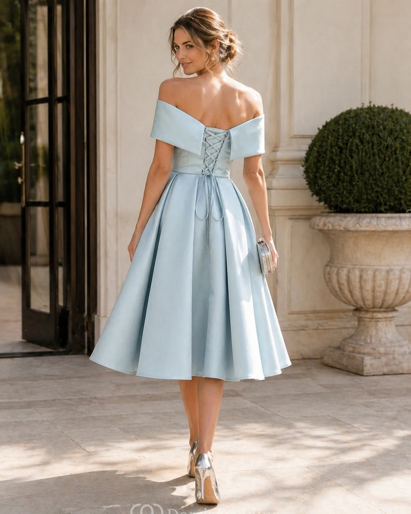 Vestido de cóctel moderno sin mangas, de corte A, largo hasta la rodilla, de satén, con tira entrecruzada. view 2