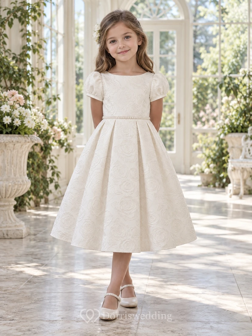 Tea-length Vintage Ivory A-line Floral Textured Short-sleeve Pleated Flower Girl Dress