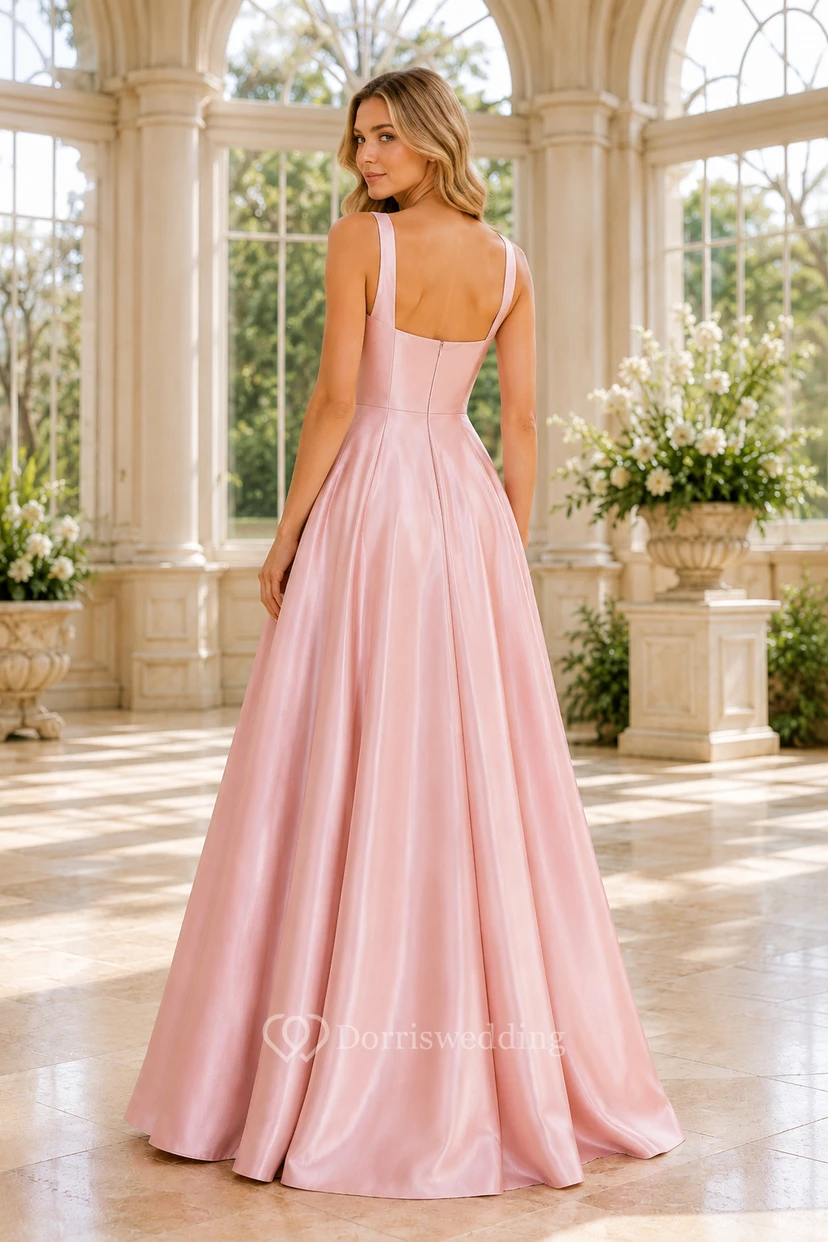 Plus Size Blushing Pink Square Neck Satin A-Line Bridesmaid Dress with Straps view 2