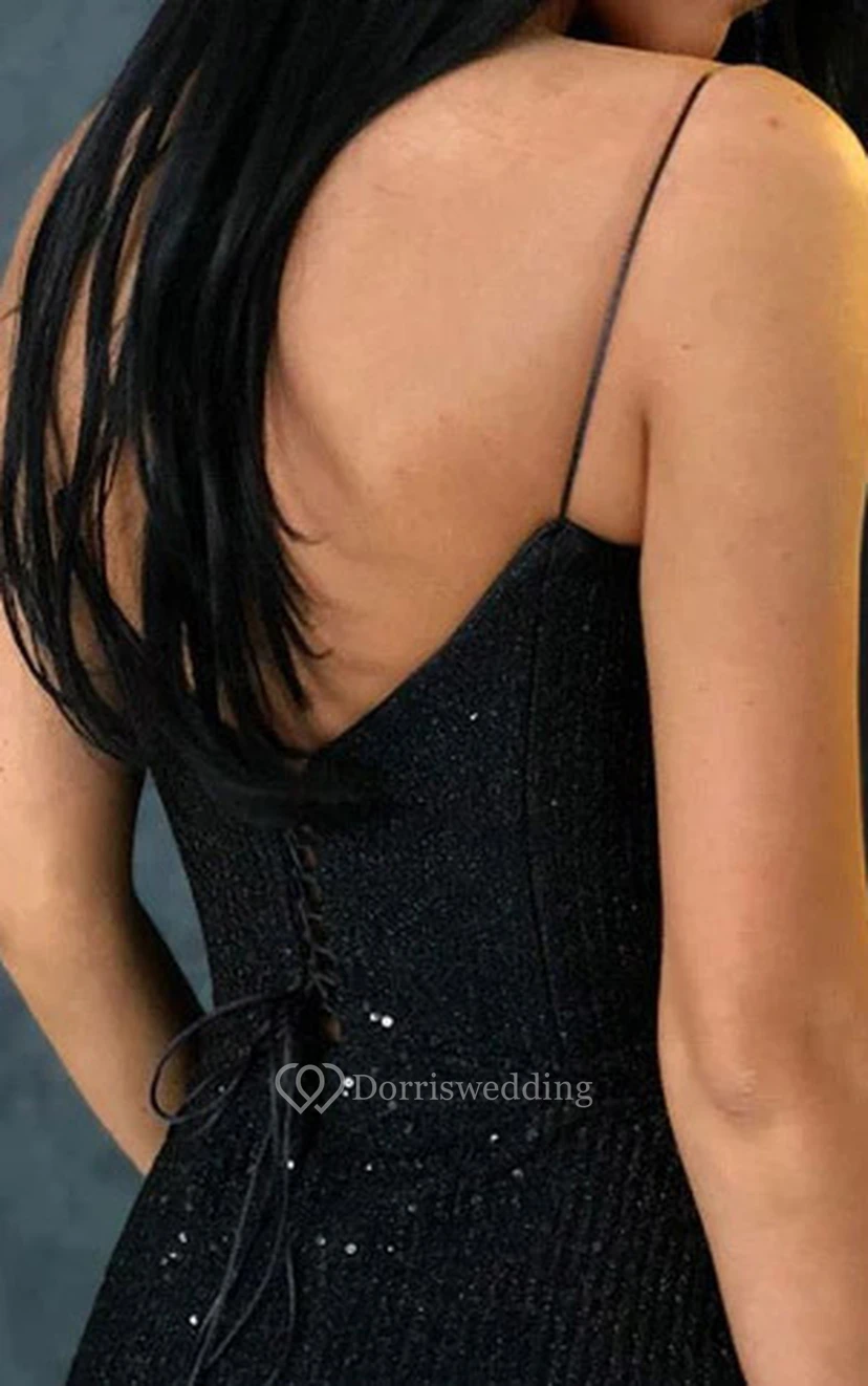 Black Spaghetti Sheath Bodycon Sequin Sexy Mermaid Formal Prom Dress view 2