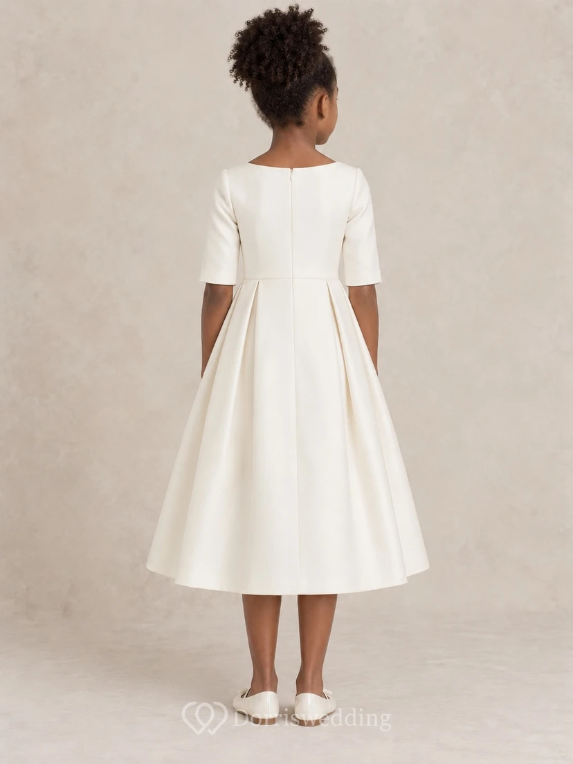 Modest Ivory Tea-length Elbow Sleeve Flat Blue Bow Wide Flared Flower Girl Dress view 2